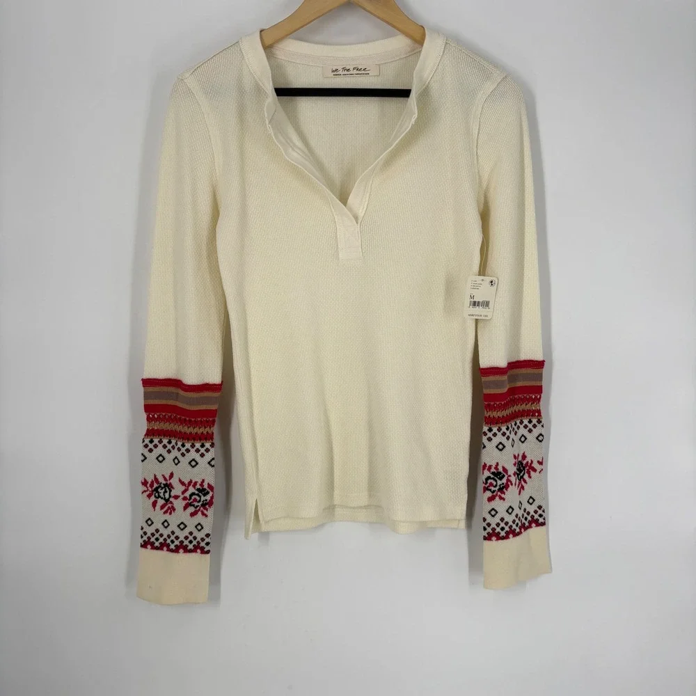 We The Free Free People Mikah Layering Cuff Top Size M‎ Cream Thermal Henley